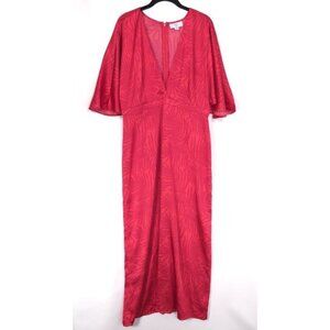 Fe Noel Women's Palm Leaf Exaggerated Flutter Sleeve Maxi Dress Size 14 V Neck